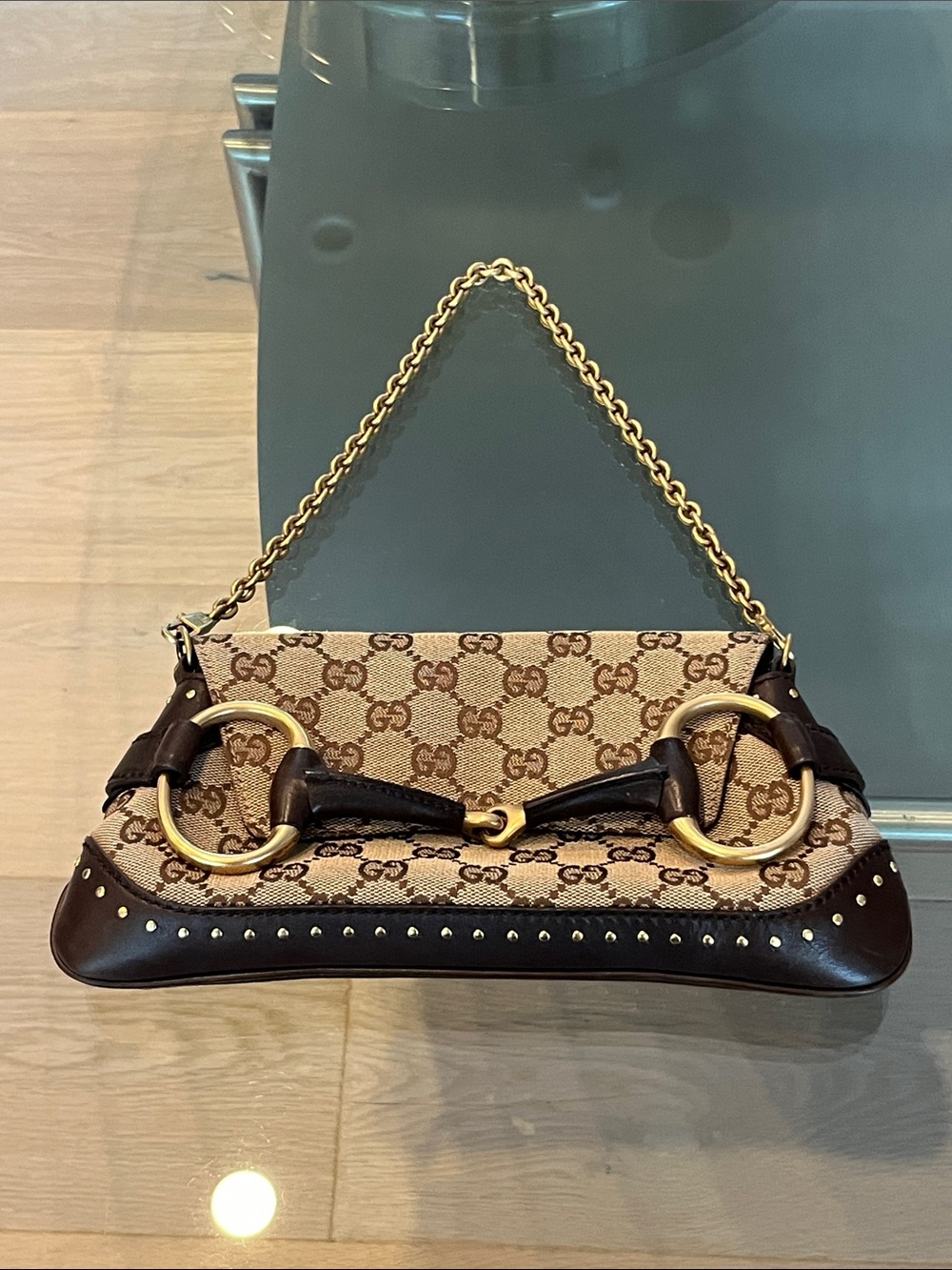 Vintage Gucci GG Canvas Horsebit Mini Shoulder Bag with Removable Gold Chain